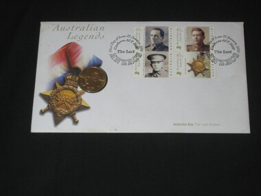Memorabilia - First day issue envelope with 4 x 45c stamps and 1 x $1 uncirculated coin, Royal Australian Mint, Australian Legends - The Last Anzacs, 21 January, 2000