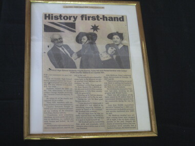 Newspaper - Framed newspaper article, 'History First Hand"