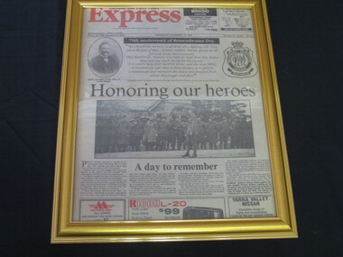 Newspaper - Framed front page of Lilydale and Yarra Valley Express, Honouring our heroes