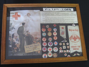 Memorabilia - Framed print and badges, Northfield, Red Cross Poster and badges
