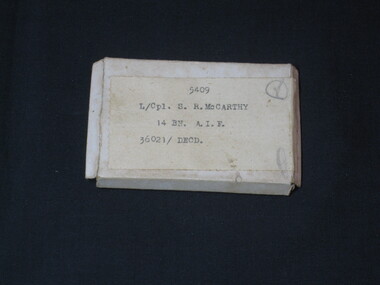 Container - L/Cpl Sidney Rueben McCarthy 5409 - 14th Btn AIF 17.3.16 - KIA 29.8.16/ Field France/ Victory Medal - 28.2.23 - British War Medal - October 1924 Box which would have contained one of the medals awarded to L/Cpl McCarthy posthumously