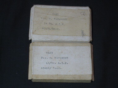 Container - Medal boxes, 6623/ Pte. O. McCarthy/14 Bn. A. I. F./ 42989/Decd. & 6623/ Pte. O. McCarthy/ 14/Btn. A. I. F./ 43468/ Decd