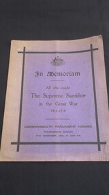 Book, H J Green, In Memoriam - All who made the Supreme Sacrifice in The Great War 1914-1918, 1918