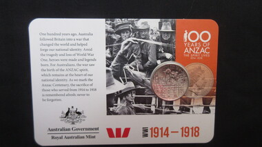 Coin, Commemorative 20cent coin titled "100years of ANZAC The Spirit Lives  2014-2018"