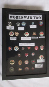 Memorabilia - Framed display of badges and appeal badges 0f World War two, WORLD WAR TWO