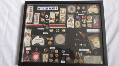 Memorabilia - framed display of badges etc, WORLD WAR ONE