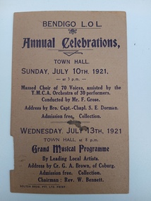 Flyer (item) - Bendigo Loyal Orange Lodge Annual Celebrations 1921, Loyal Orange Lodge, Bendigo, Bendigo Loyal Orange Lodge Annual Celebrations 1921 brochure, 1921