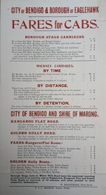 Administrative record (item) - City of Bendigo and Borough of Eaglehawk Fares for Cabs sign ca1895, Order at BRAC Reading Room by using the BRAC Community Collections request form on the BRAC Additional Collections webpage at https://www.brac.vic.gov.au/additional-collection. Items can be viewed on Wednesday and Thursday between 10:00a.m. - 4:00a.m, ca1895