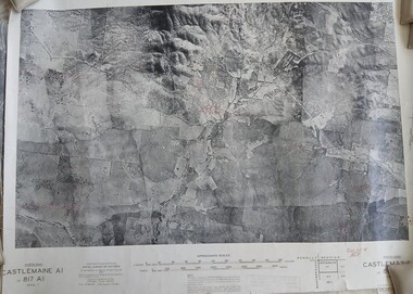 Photograph (item) - Set of 8 1945 B& W Photomaps, mounted on linen, most with geological annotations, as follows: Castlemaine A1, 817 A1, Zone 7, 1945; Bendigo A2 -Eaglehawk Aqueduct, Bullock Creek and Lockwood; Bendigo A4, 807 A4, Zone 7, 1945; Bendigo B1 - Golden Square, Kangaroo Flat, Splitters Creek, Strathfieldsaye Creek, Sheepwash Creek, Spring Gully Reservoir; Bendigo B3, 807 B3, Zone 7, 1945; Bendigo C3, 807 C3, Zone 7, 1945; Bendigo D3, 807 D3, Zone 7, 1945; Huntly C4 - Eaglehawk, Marong, Myers Flat, 1945
