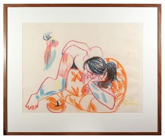 Oil Pastel Drawing, Nude with Parrot, 1982