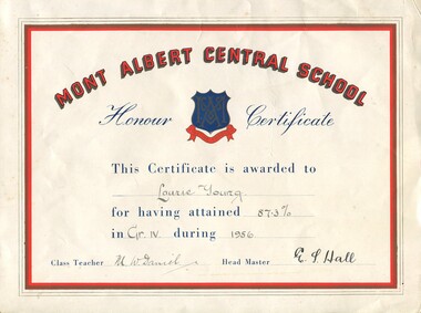 Mont Albert Central School Honour Certificate, 1956
