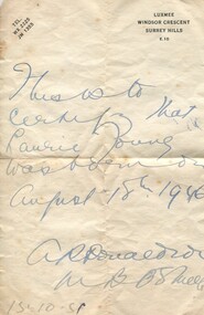 Work on paper - Certificate, Certificate re birth of Laurie Young, 15 October 1951