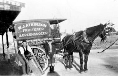 Photograph, Delivery cart outside Mr & Mrs W. J. Atkinsons's greengrocery business near the corner of Elgar and Whitehorse Roads, c1930