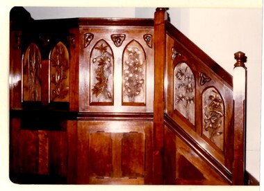 Photograph, John Kendrick Blogg carving, pulpit of St Stephen's Presbyterian Church, Surrey Hills