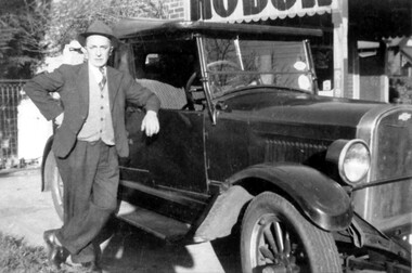 Photograph, Frank Etheridge, outside the small general store at 224 Mont Albert Road, Surrey Hills
