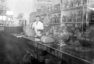 Photograph, Mr Arthur Metzenthen in his Confectionery Shop at 126 Union Road Surrey Hills, 1933