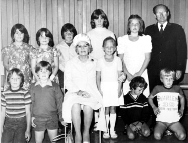 Photograph, Mrs Frances Le Couteur and members of the Surrey Hills Salvation Army Corps, 1977