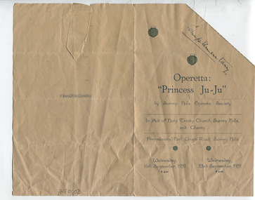 Work on paper - Ephemera, H Bowley, Printer, Canterbury, Theatre program - Princess Ju Ju, 12 July 1916, Sep-31