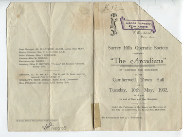 Work on paper - Ephemera, H Bowley, Printer, 192 Canterbury Road, Canterbury, Theatre program - The Arcadians, 10 May 1932, May 1932