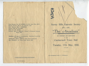 Ephemera, H Bowley, Printer, 192 Canterbury Road, Canterbury, Theatre program - The Arcadians, 17 May 1932, May 1932