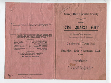 Work on paper - Ephemera, H Bowley, Printer, 192 Canterbury Road, Canterbury, Theatre program - The Quaker Girl, 19 November 1932, Nov-32