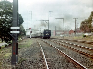 Photograph, A blue Harris electric train heads towards Union Road, Surrey Hills