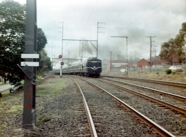 Photograph, A blue Harris electric train heads towards Union Road, Surrey Hills