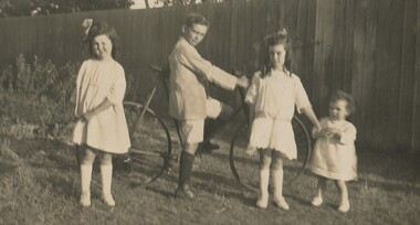 Photograph, Four Mair children in the backyard, c1922