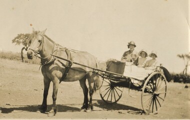 Photograph, Gwen and Beryl Mair  and Mrs Jarman in a jinker, Derrinallum, c1927, c1927