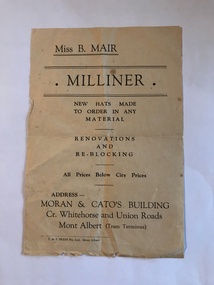 Ephemera, T & S Press Pty Ltd, Flyer for  Miss B Mair, Milliner, c1937