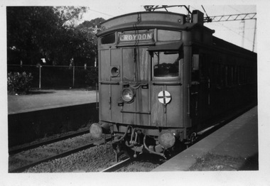 Digital photo, George L Coop, Swing door train at Mont Albert railway station c 1957, c1957