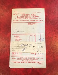 Document - Account and receipt, Receipt signed (?) ES - possibly Eric Scanlan, Crump's Milk Pasteurising Depot account with attached receipt, 2 October 1958 /6 October 1958