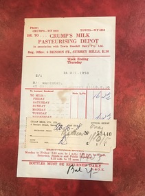 Document - Account and receipt, Receipt signed (?) ES - possibly Eric Scanlan, Crump's Milk Pasteurising Depot account with attached receipt, 16 October 1958 /20 October 1958