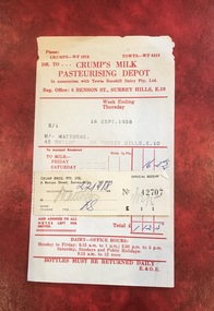 Document - Account and receipt, Receipt signed (?) ES - possibly Eric Scanlan, Crump's Milk Pasteurising Depot account with attached receipt, 18 September 1958 /22 September 1958