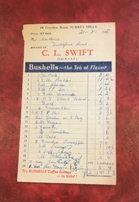 Document - Account, C. L. Swift order docket re Mrs Matthews. 21/8/1957, 21 August 1957