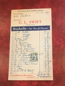 Document - Account, C. L. Swift order docket re Mrs Matthews. 21/8/1957