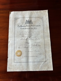 Document - Pharmacy Board of Victoria Certificate, Pharmacy College of Victoria, Charles Leslie Mitton Pharmacy Certificate, 13 October 1926