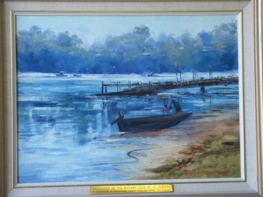 Painting, Robin Schubert, Motor Boats on a lake, 1989