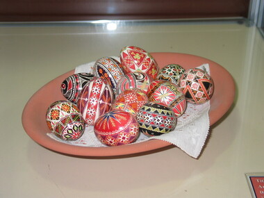 hand-painted eggs in a terracotta bowl, Krystyna Klym, 12 hand-painted eggs in a terracotta bowl, 1989