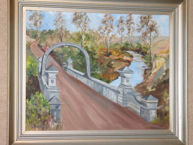 Painting, F Disch, Bridge over River, 1977