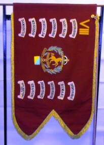 A flag with swallow tail and tags arranged around edges.