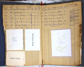 Open book showing cards glued to pages