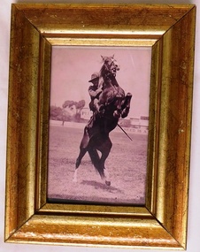 Image of man on rearing horse in frame