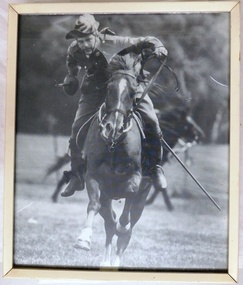 Soldier with sword of horseback.