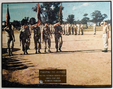 Soldiers with flags marching on parade.