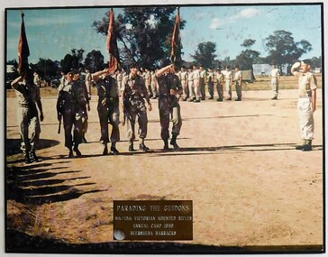 Soldiers with flags marching on parade.