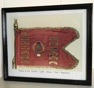 Framed photograph of flag with tags around edges.