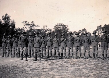 Line of soldiers in light horse uniform