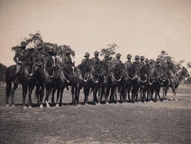 Line of fifteen soldiers with swords on horses.