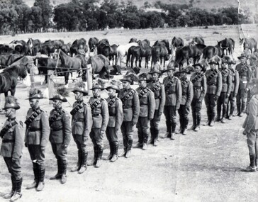 Soldiers parading in front of horses.